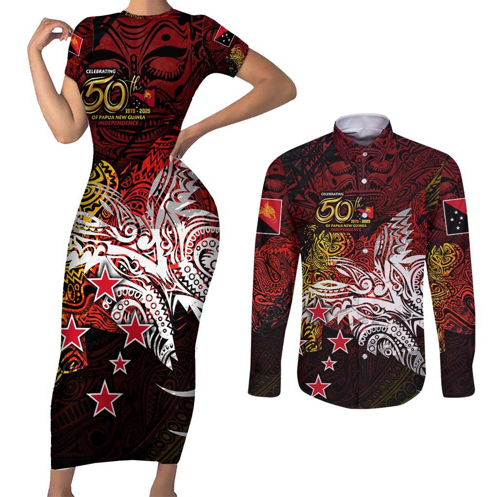 PNG 1975 - 2025 Couples Matching Short Sleeve Bodycon Dress and Long Sleeve Button Shirt Papua New Guinea 50th Independence Anniversary DT02 Art - Polynesian Pride