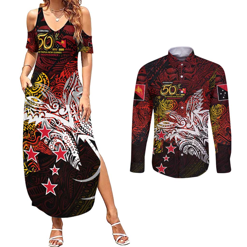 PNG 1975 - 2025 Couples Matching Summer Maxi Dress and Long Sleeve Button Shirt Papua New Guinea 50th Independence Anniversary DT02 Art - Polynesian Pride