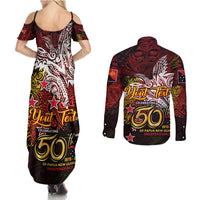 PNG 1975 - 2025 Couples Matching Summer Maxi Dress and Long Sleeve Button Shirt Papua New Guinea 50th Independence Anniversary DT02 - Polynesian Pride
