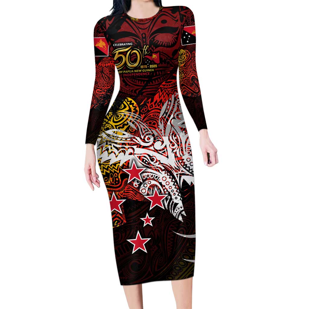 PNG 1975 - 2025 Family Matching Long Sleeve Bodycon Dress and Hawaiian Shirt Papua New Guinea 50th Independence Anniversary DT02 Mom's Dress Art - Polynesian Pride