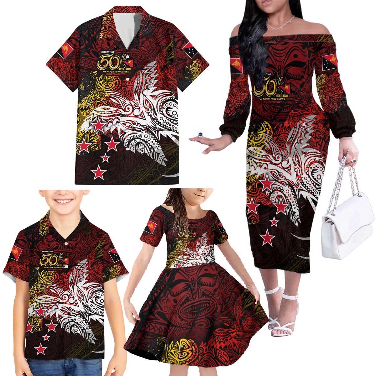 PNG 1975 - 2025 Family Matching Off The Shoulder Long Sleeve Dress and Hawaiian Shirt Papua New Guinea 50th Independence Anniversary DT02 - Polynesian Pride