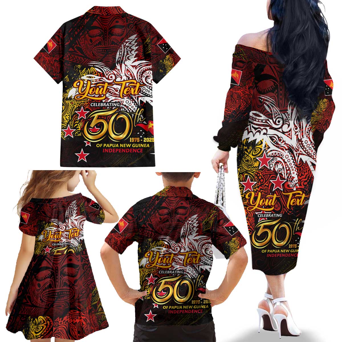 PNG 1975 - 2025 Family Matching Off The Shoulder Long Sleeve Dress and Hawaiian Shirt Papua New Guinea 50th Independence Anniversary DT02 - Polynesian Pride