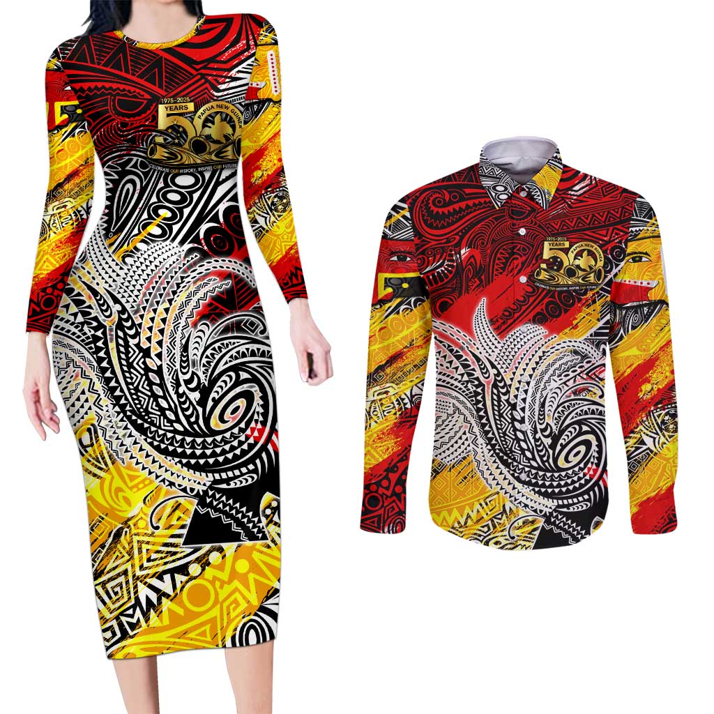 Papua New Guinea 50th Independence Day Couples Matching Long Sleeve Bodycon Dress and Long Sleeve Button Shirt Celebrate Our History, Inspire Our Future DT02 Art - Polynesian Pride