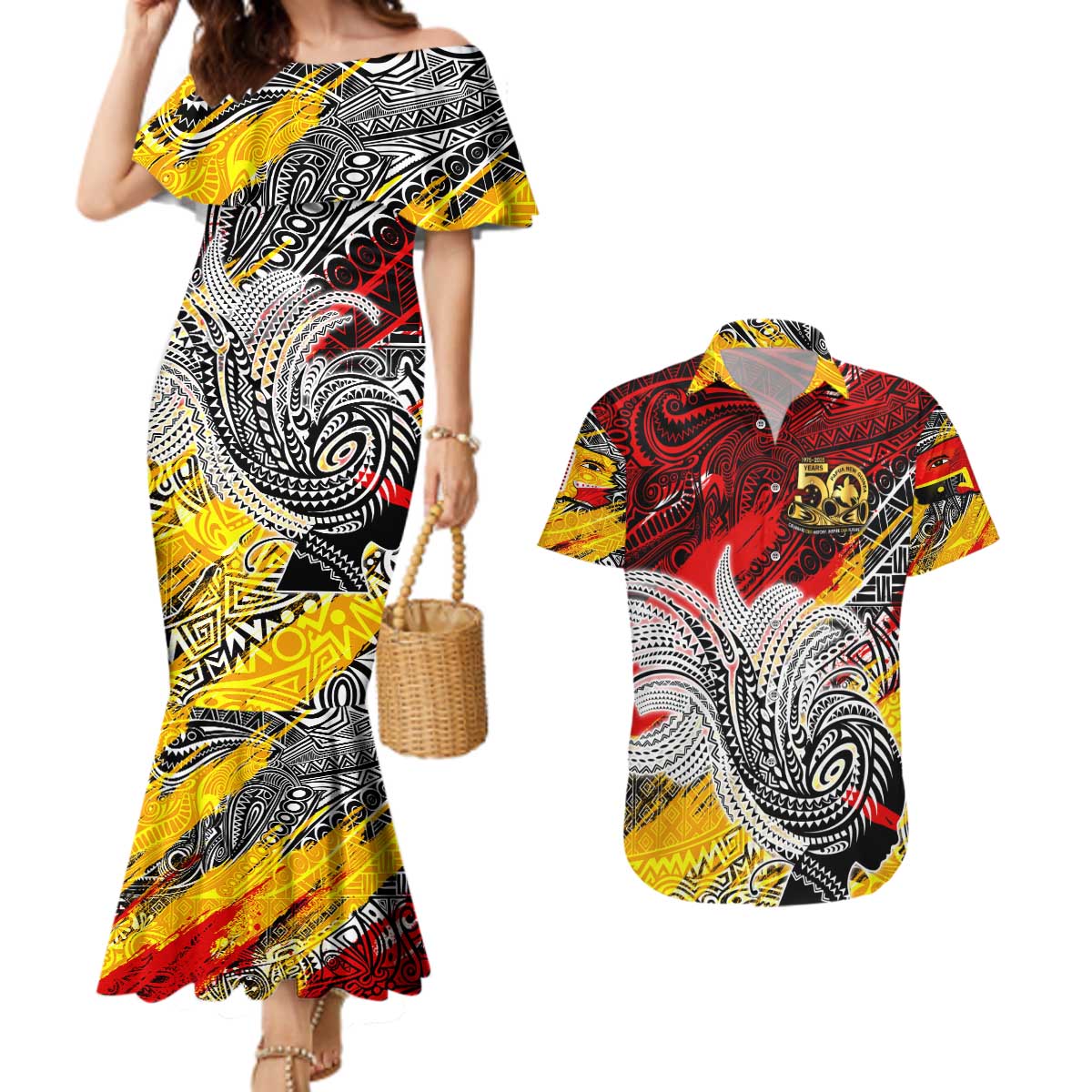 Papua New Guinea 50th Independence Day Couples Matching Mermaid Dress and Hawaiian Shirt Celebrate Our History, Inspire Our Future DT02 Art - Polynesian Pride