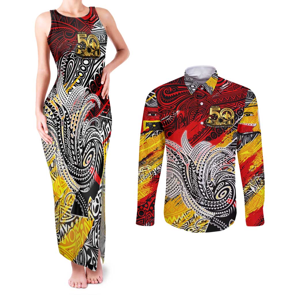 Papua New Guinea 50th Independence Day Couples Matching Tank Maxi Dress and Long Sleeve Button Shirt Celebrate Our History, Inspire Our Future DT02 Art - Polynesian Pride