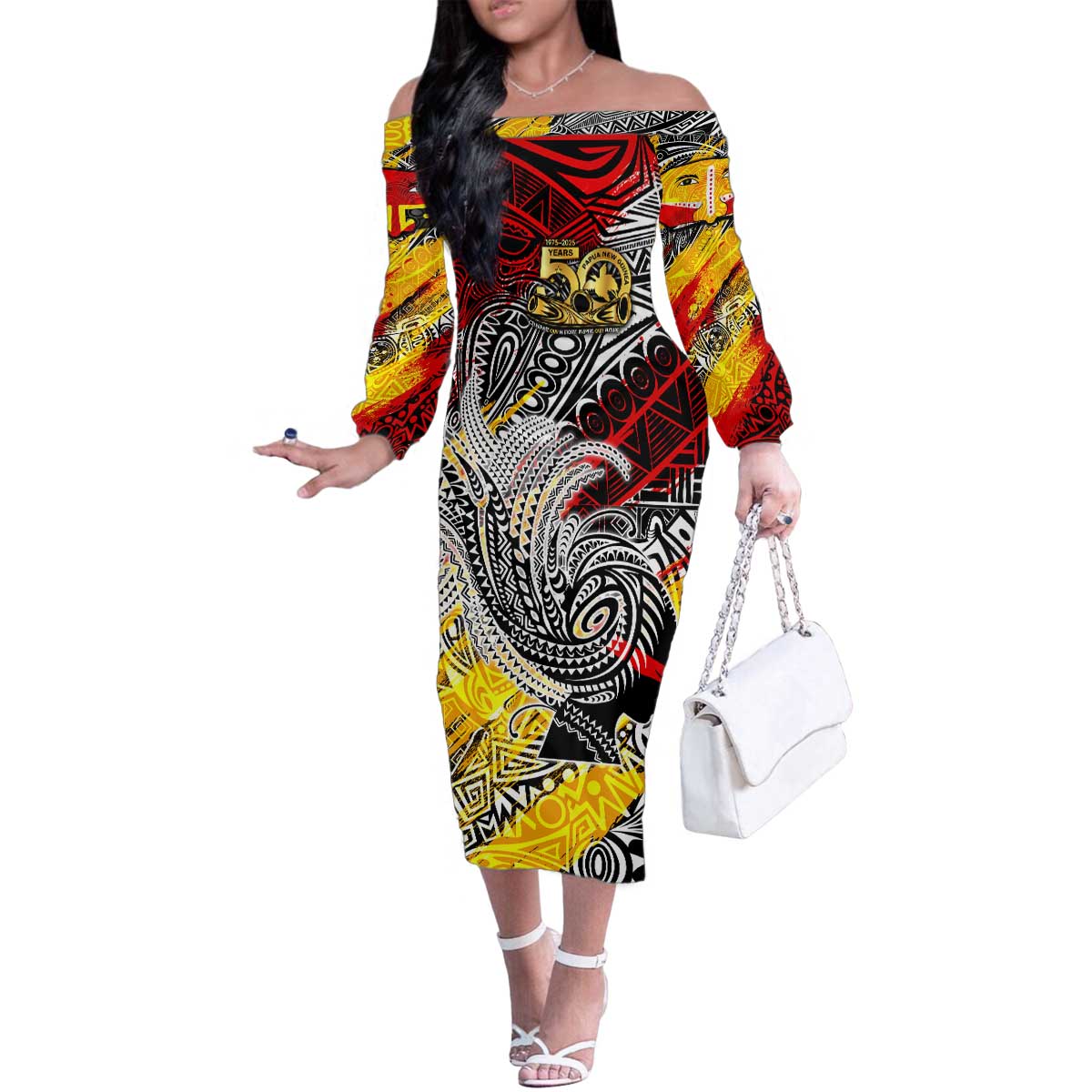 Papua New Guinea 50th Independence Day Family Matching Off The Shoulder Long Sleeve Dress and Hawaiian Shirt Celebrate Our History, Inspire Our Future DT02 Mom's Dress Art - Polynesian Pride