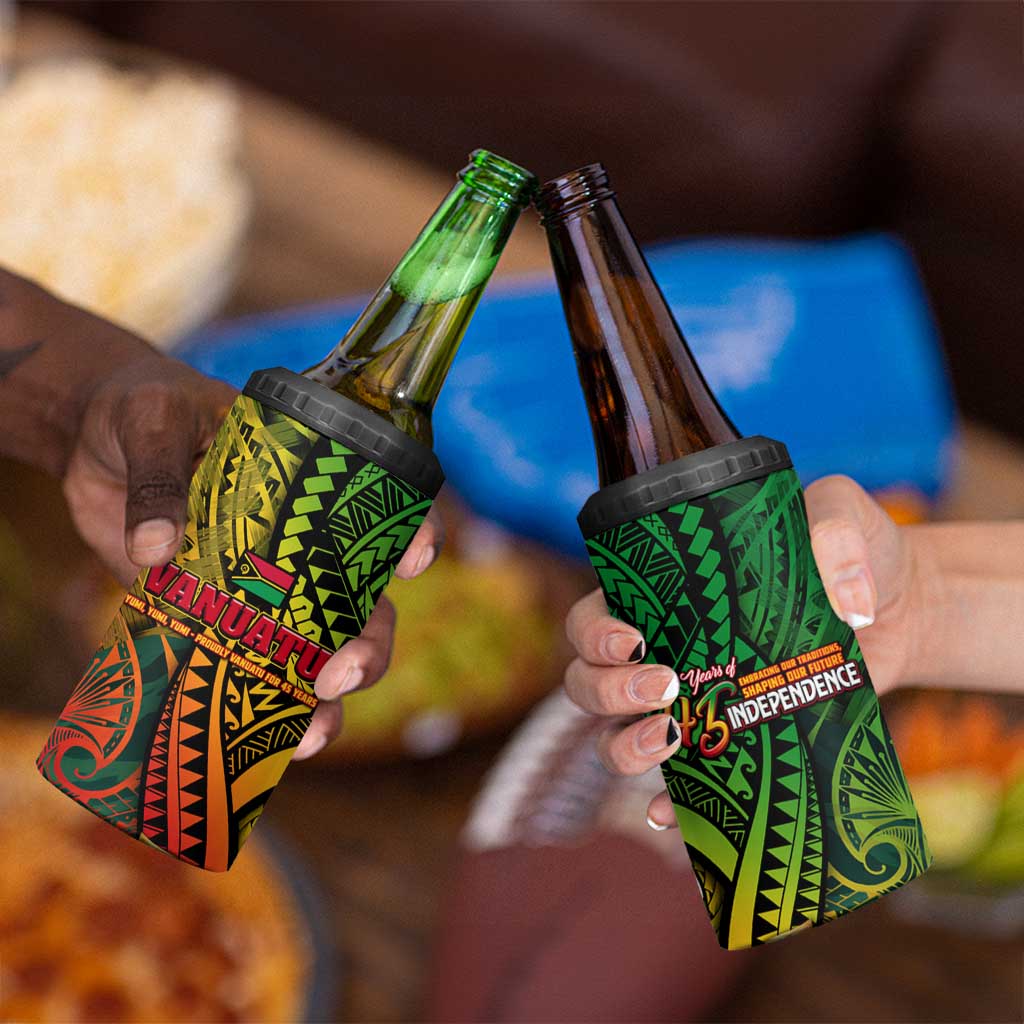 Vanuatu 45th Independence Anniversary 4 in 1 Can Cooler Tumbler Embracing Our Traditions Shaping Our Future