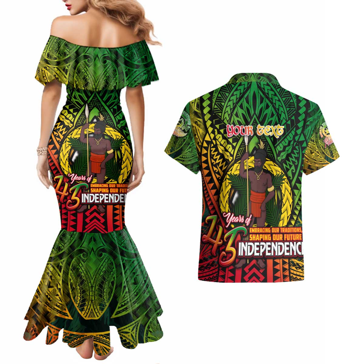Vanuatu 45th Independence Anniversary Couples Matching Mermaid Dress and Hawaiian Shirt Embracing Our Traditions Shaping Our Future