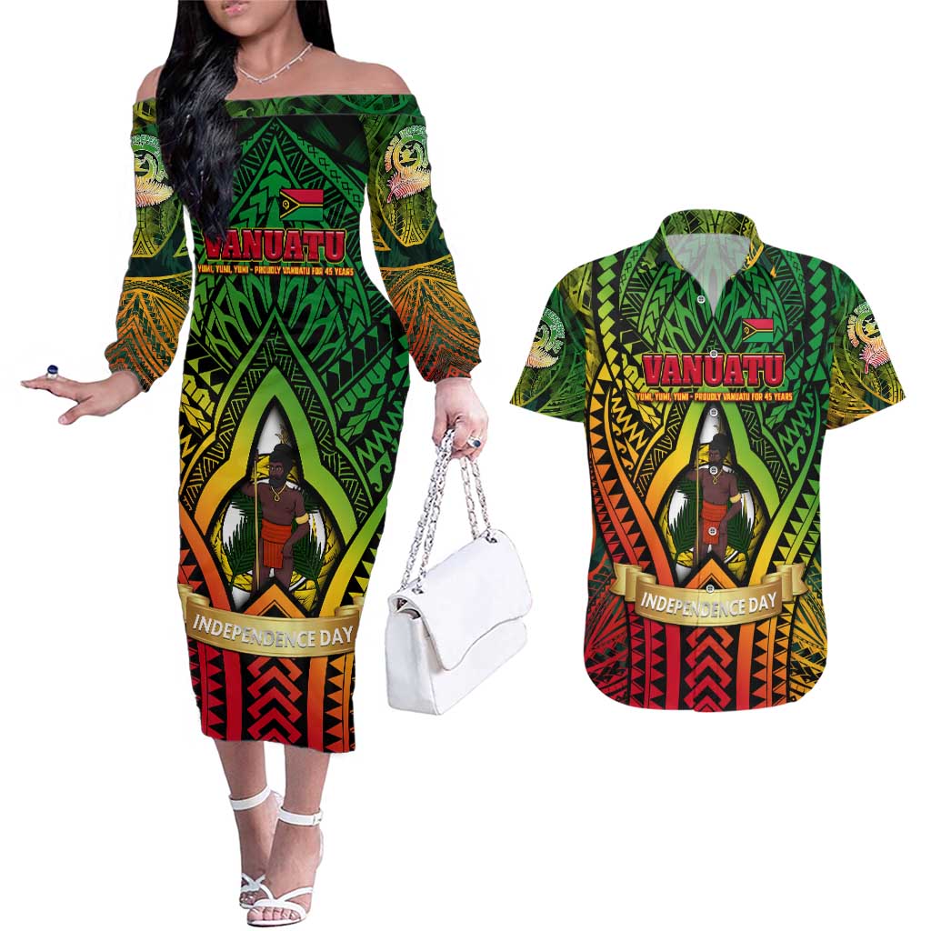 Vanuatu 45th Independence Anniversary Couples Matching Off The Shoulder Long Sleeve Dress and Hawaiian Shirt Embracing Our Traditions Shaping Our Future