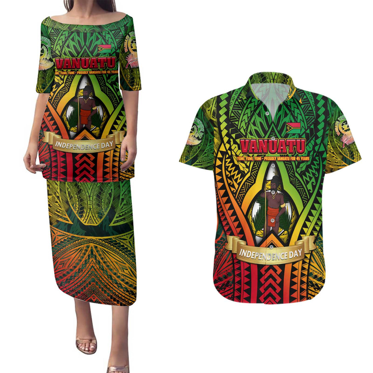 Vanuatu 45th Independence Anniversary Couples Matching Puletasi and Hawaiian Shirt Embracing Our Traditions Shaping Our Future
