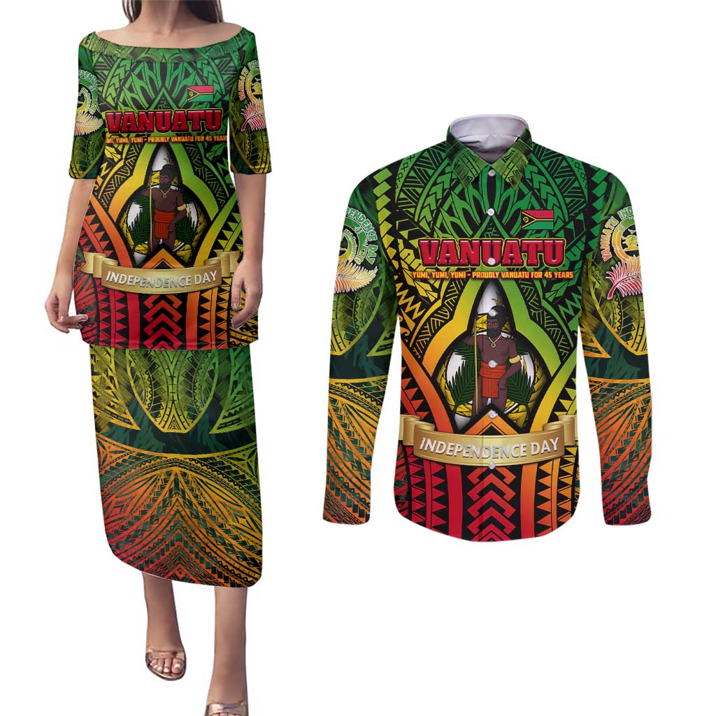 Vanuatu 45th Independence Anniversary Couples Matching Puletasi and Long Sleeve Button Shirt Embracing Our Traditions Shaping Our Future
