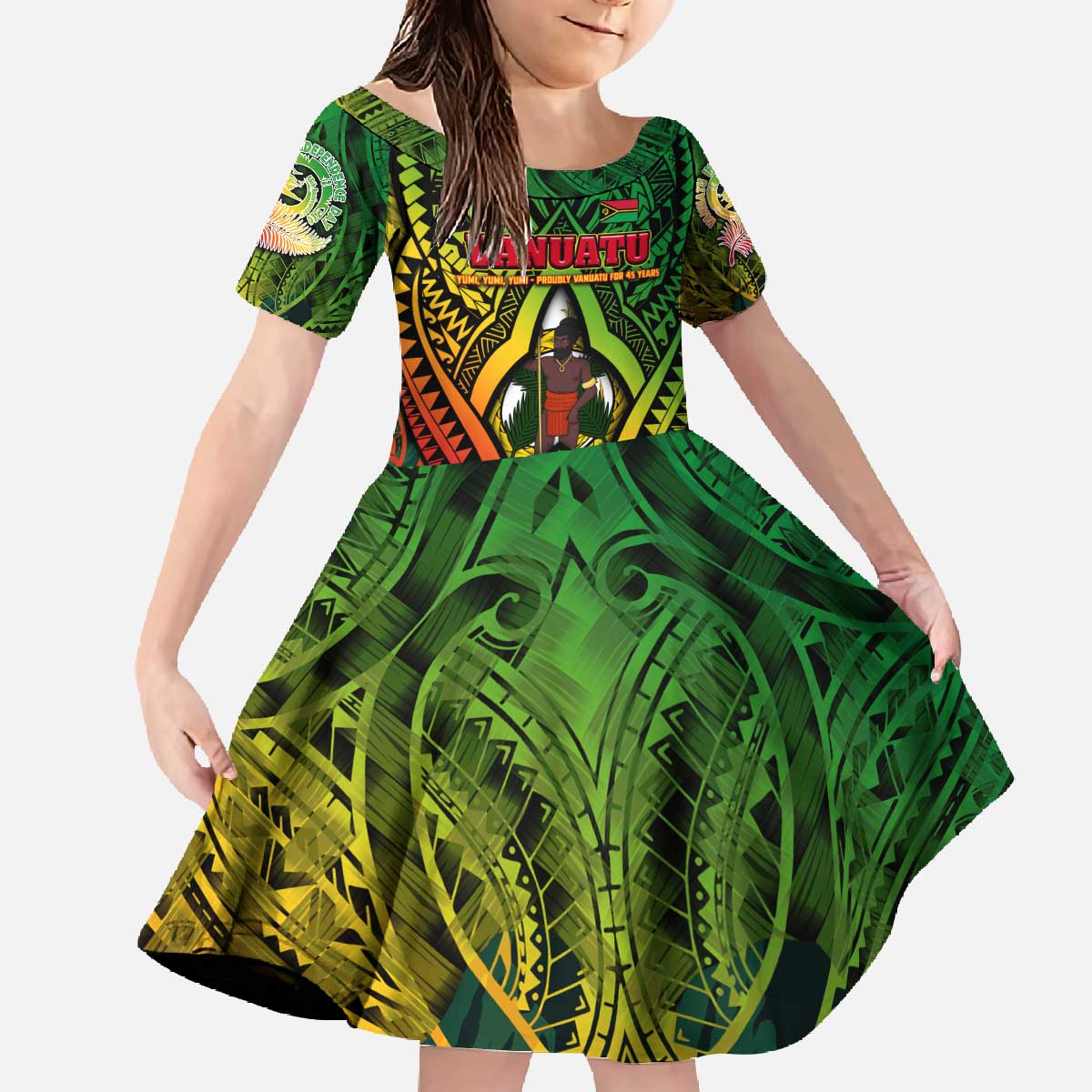 Vanuatu 45th Independence Anniversary Family Matching Off The Shoulder Long Sleeve Dress and Hawaiian Shirt Embracing Our Traditions Shaping Our Future DT02 Daughter's Dress Art - Polynesian Pride