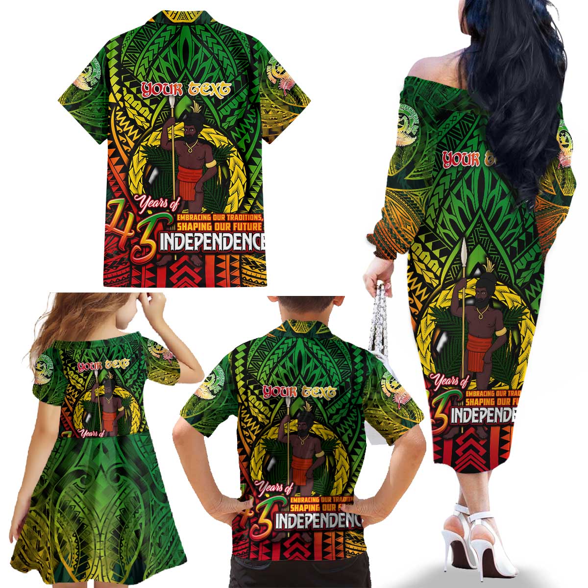 Vanuatu 45th Independence Anniversary Family Matching Off The Shoulder Long Sleeve Dress and Hawaiian Shirt Embracing Our Traditions Shaping Our Future DT02 - Polynesian Pride