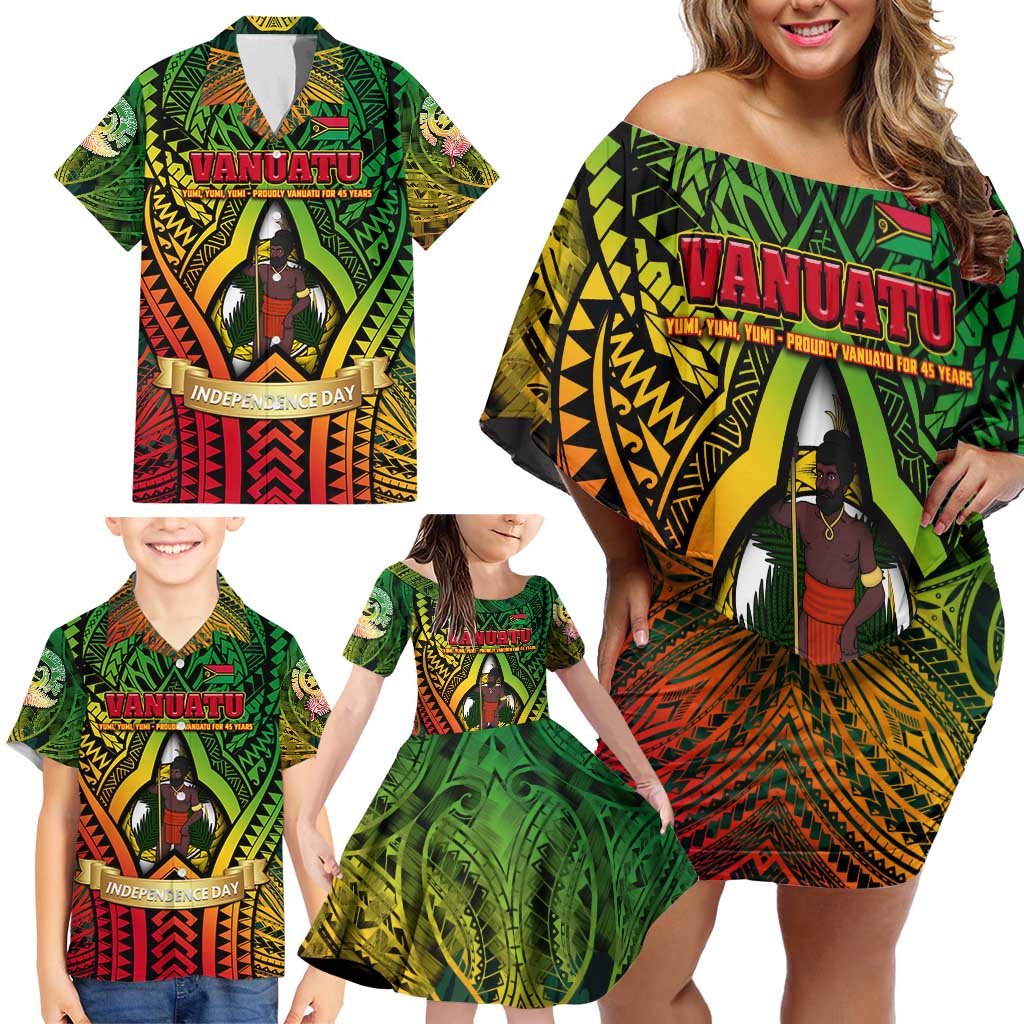 Vanuatu 45th Independence Anniversary Family Matching Off Shoulder Short Dress and Hawaiian Shirt Embracing Our Traditions Shaping Our Future DT02 - Polynesian Pride