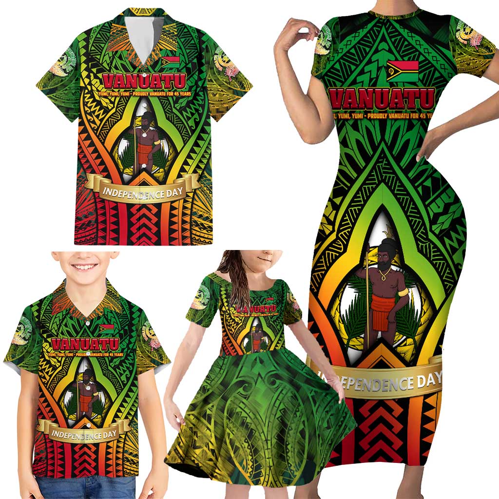 Vanuatu 45th Independence Anniversary Family Matching Short Sleeve Bodycon Dress and Hawaiian Shirt Embracing Our Traditions Shaping Our Future DT02 - Polynesian Pride