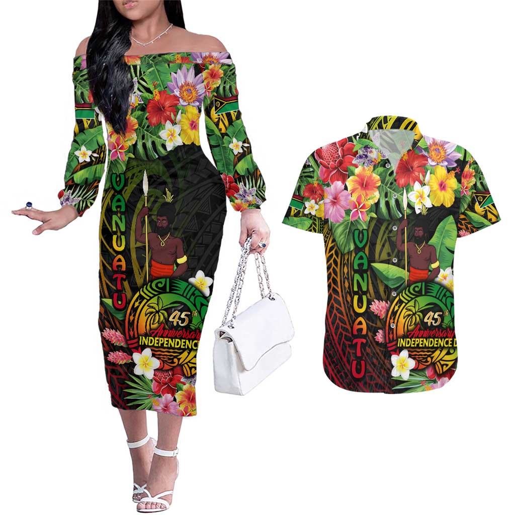 45th Anniversary of Freedom Vanuatu Couples Matching Off The Shoulder Long Sleeve Dress and Hawaiian Shirt Island Pride Cultural Power Pacific Unity DT02 Art - Polynesian Pride