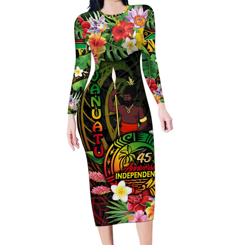 45th Anniversary of Freedom Vanuatu Family Matching Long Sleeve Bodycon Dress and Hawaiian Shirt Island Pride Cultural Power Pacific Unity DT02 Mom's Dress Art - Polynesian Pride