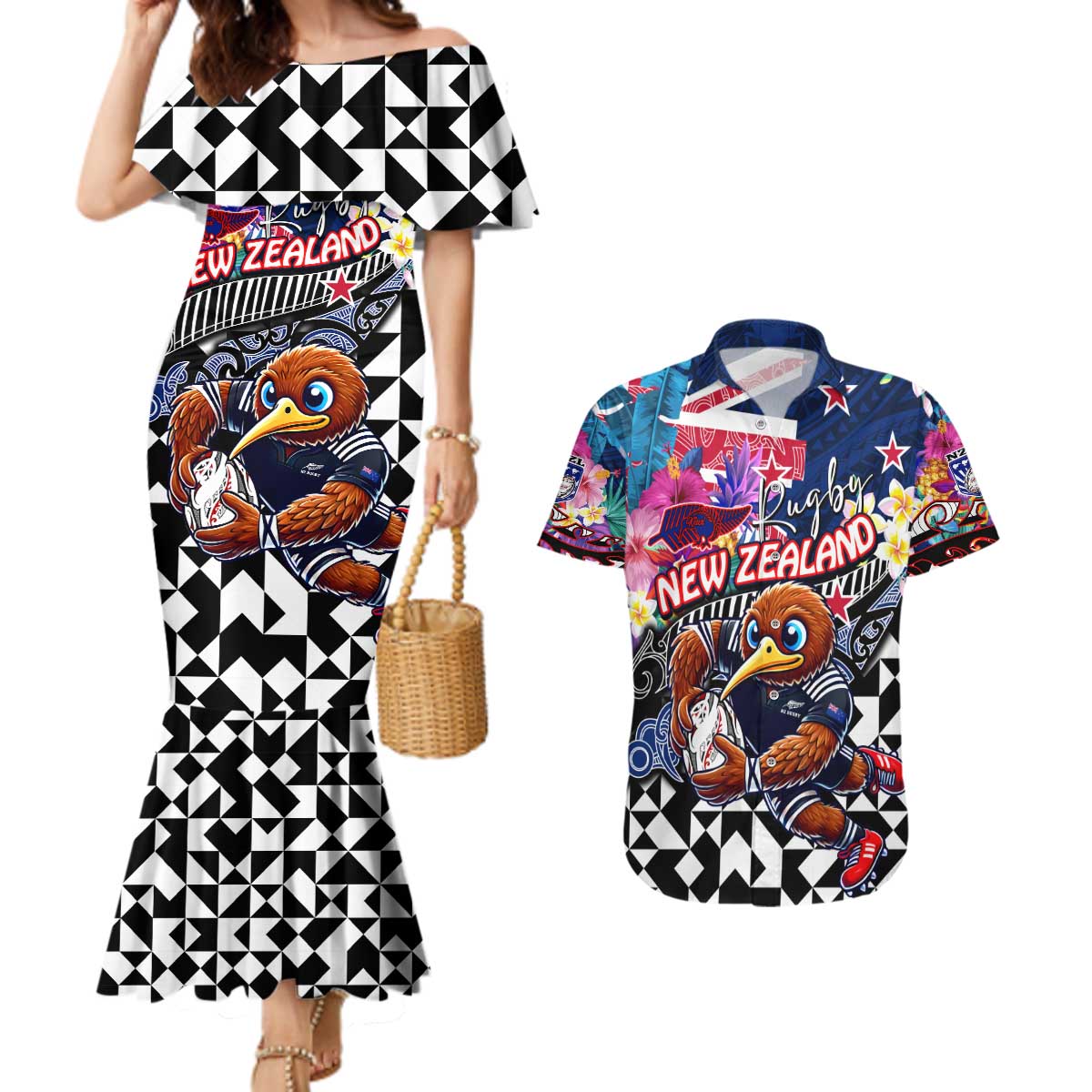 Personalized Kiwi New Zealand Rugby Couples Matching Mermaid Dress and Hawaiian Shirt Kiwis Mascot Tropical Pattern