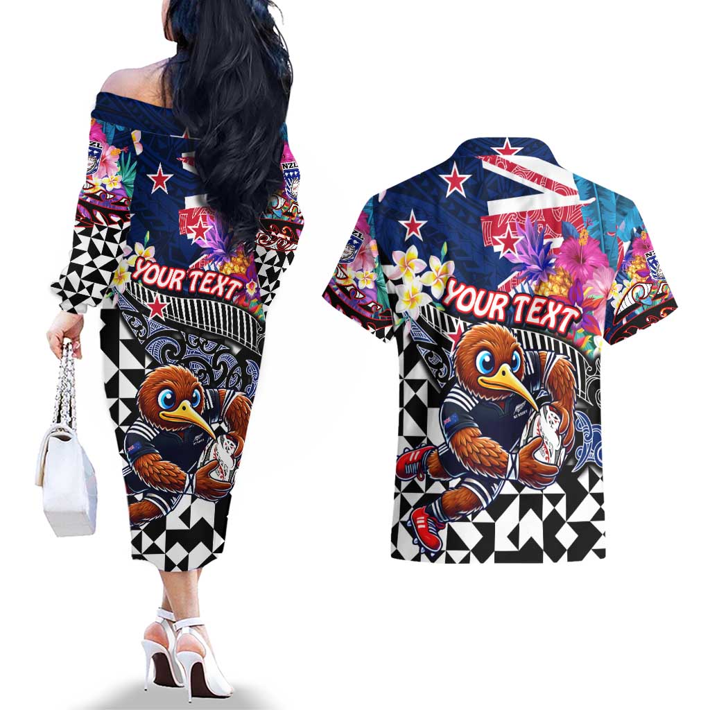 Personalized Kiwi New Zealand Rugby Couples Matching Off The Shoulder Long Sleeve Dress and Hawaiian Shirt Kiwis Mascot Tropical Pattern DT02 - Polynesian Pride