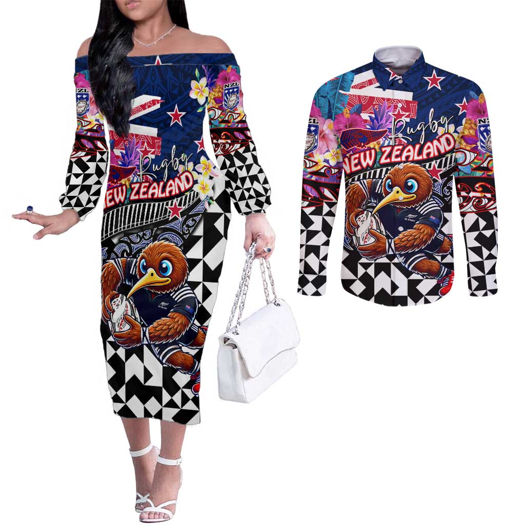 Personalized Kiwi New Zealand Rugby Couples Matching Off The Shoulder Long Sleeve Dress and Long Sleeve Button Shirt Kiwis Mascot Tropical Pattern