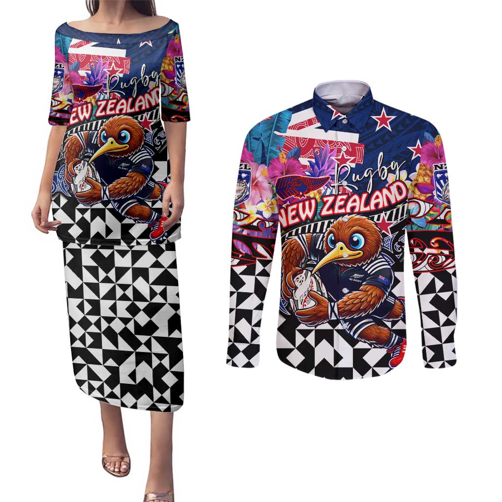 Personalized Kiwi New Zealand Rugby Couples Matching Puletasi and Long Sleeve Button Shirt Kiwis Mascot Tropical Pattern