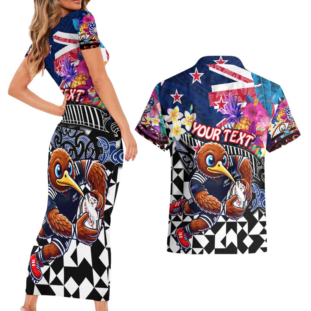 Personalized Kiwi New Zealand Rugby Couples Matching Short Sleeve Bodycon Dress and Hawaiian Shirt Kiwis Mascot Tropical Pattern