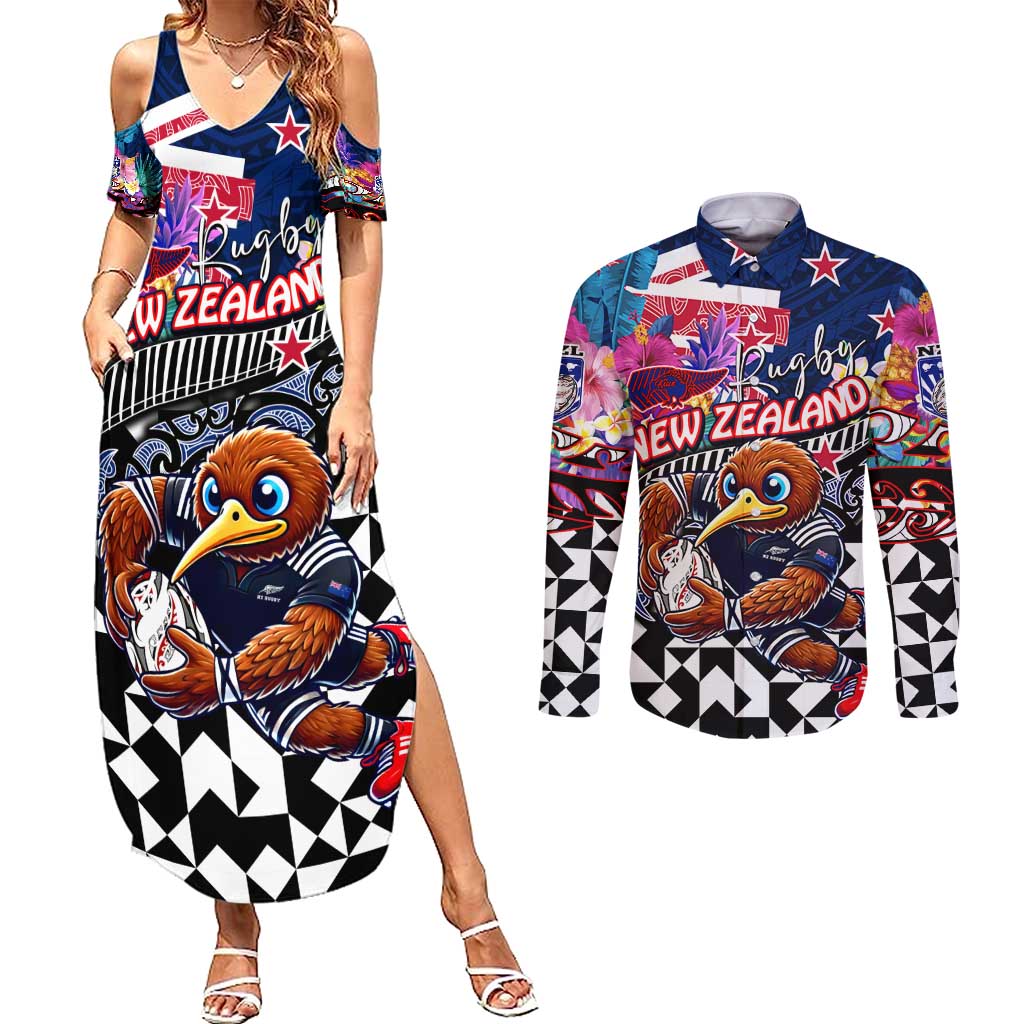 Personalized Kiwi New Zealand Rugby Couples Matching Summer Maxi Dress and Long Sleeve Button Shirt Kiwis Mascot Tropical Pattern