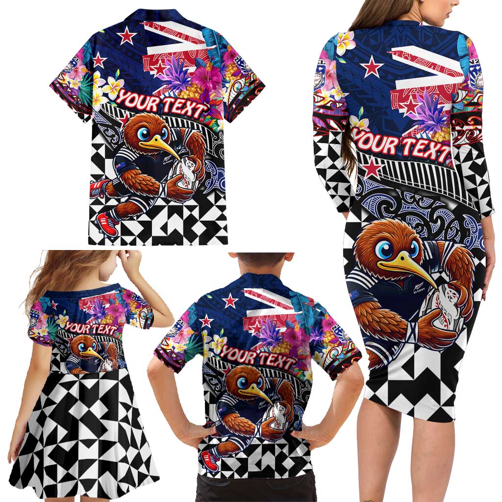 Personalized Kiwi New Zealand Rugby Family Matching Long Sleeve Bodycon Dress and Hawaiian Shirt Kiwis Mascot Tropical Pattern DT02 - Polynesian Pride