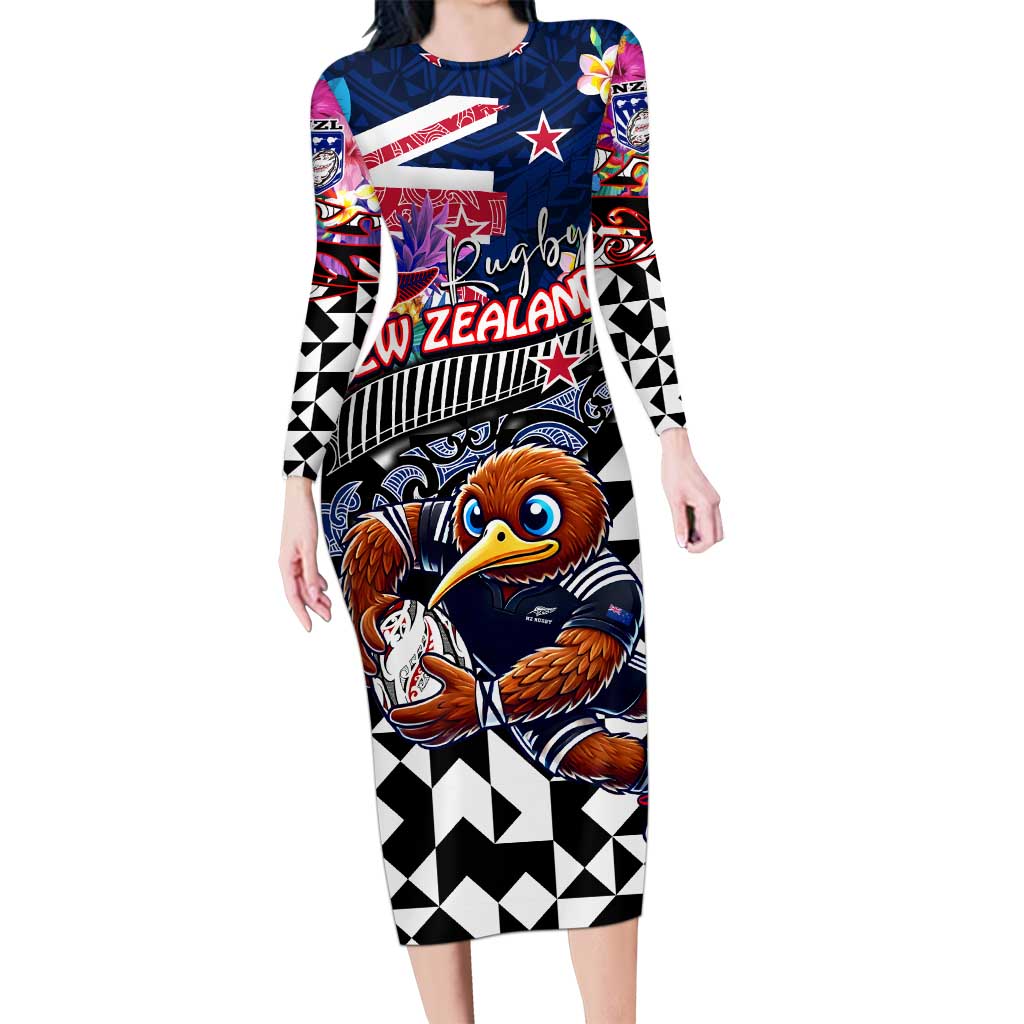 Personalized Kiwi New Zealand Rugby Family Matching Long Sleeve Bodycon Dress and Hawaiian Shirt Kiwis Mascot Tropical Pattern DT02 Mom's Dress Blue - Polynesian Pride