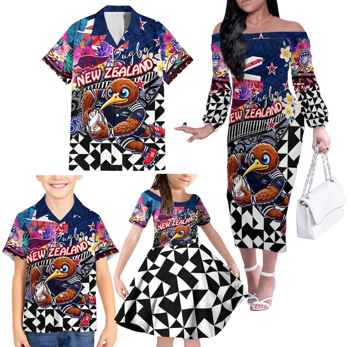 Personalized Kiwi New Zealand Rugby Family Matching Off The Shoulder Long Sleeve Dress and Hawaiian Shirt Kiwis Mascot Tropical Pattern DT02 - Polynesian Pride