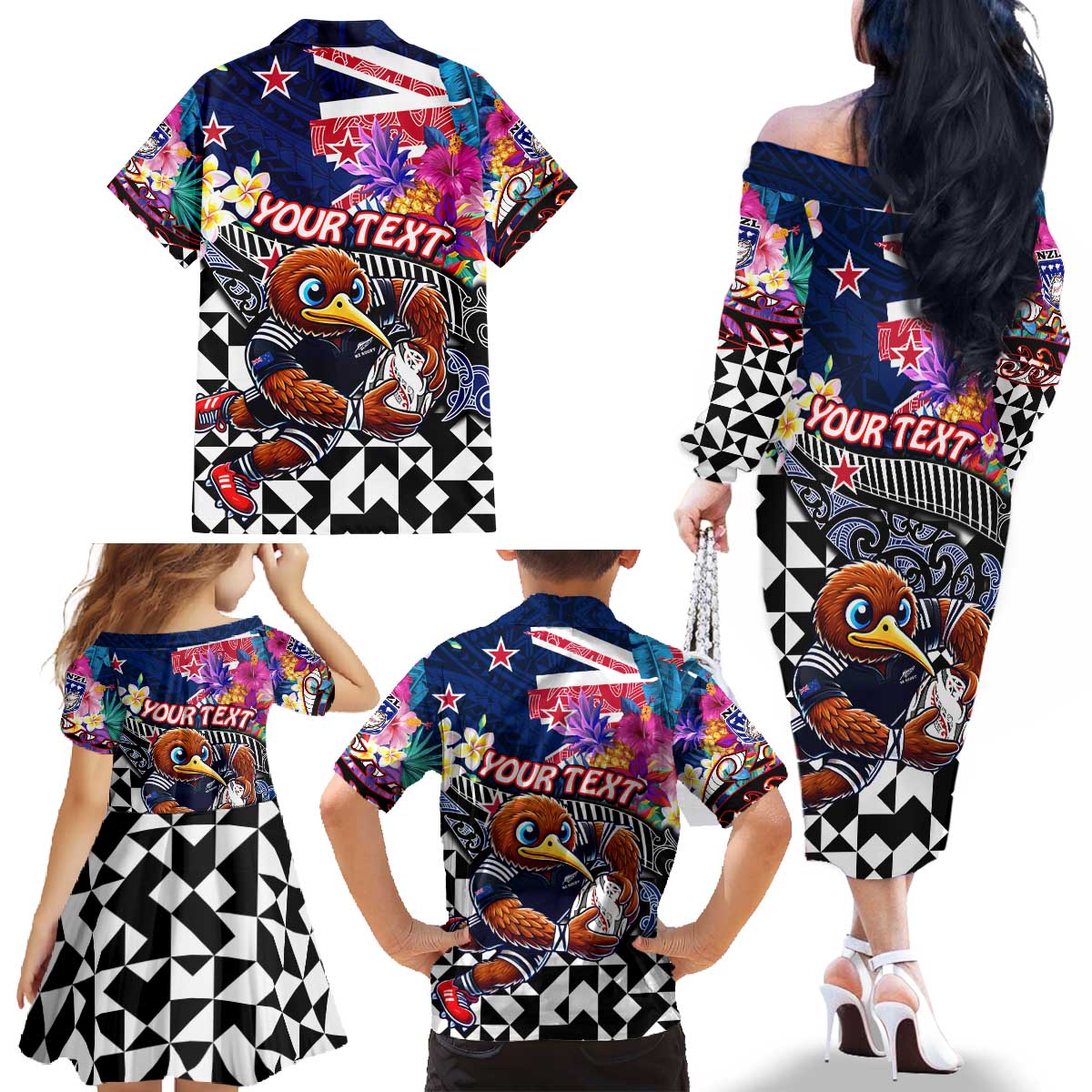 Personalized Kiwi New Zealand Rugby Family Matching Off The Shoulder Long Sleeve Dress and Hawaiian Shirt Kiwis Mascot Tropical Pattern DT02 - Polynesian Pride
