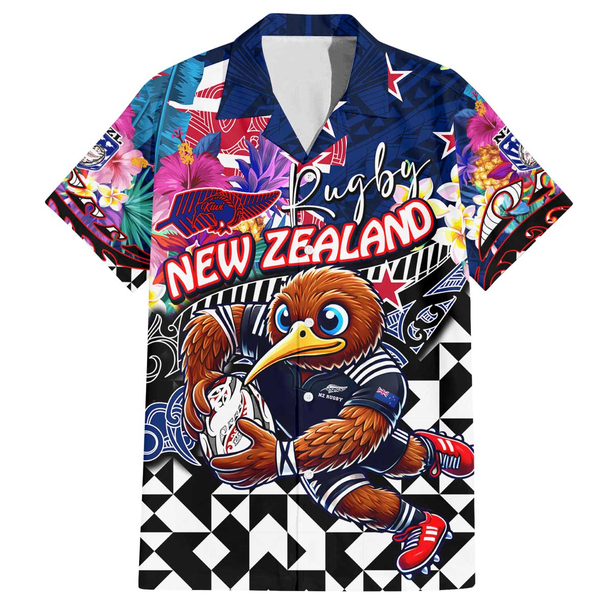 Personalized Kiwi New Zealand Rugby Family Matching Off The Shoulder Long Sleeve Dress and Hawaiian Shirt Kiwis Mascot Tropical Pattern DT02 Dad's Shirt - Short Sleeve Blue - Polynesian Pride