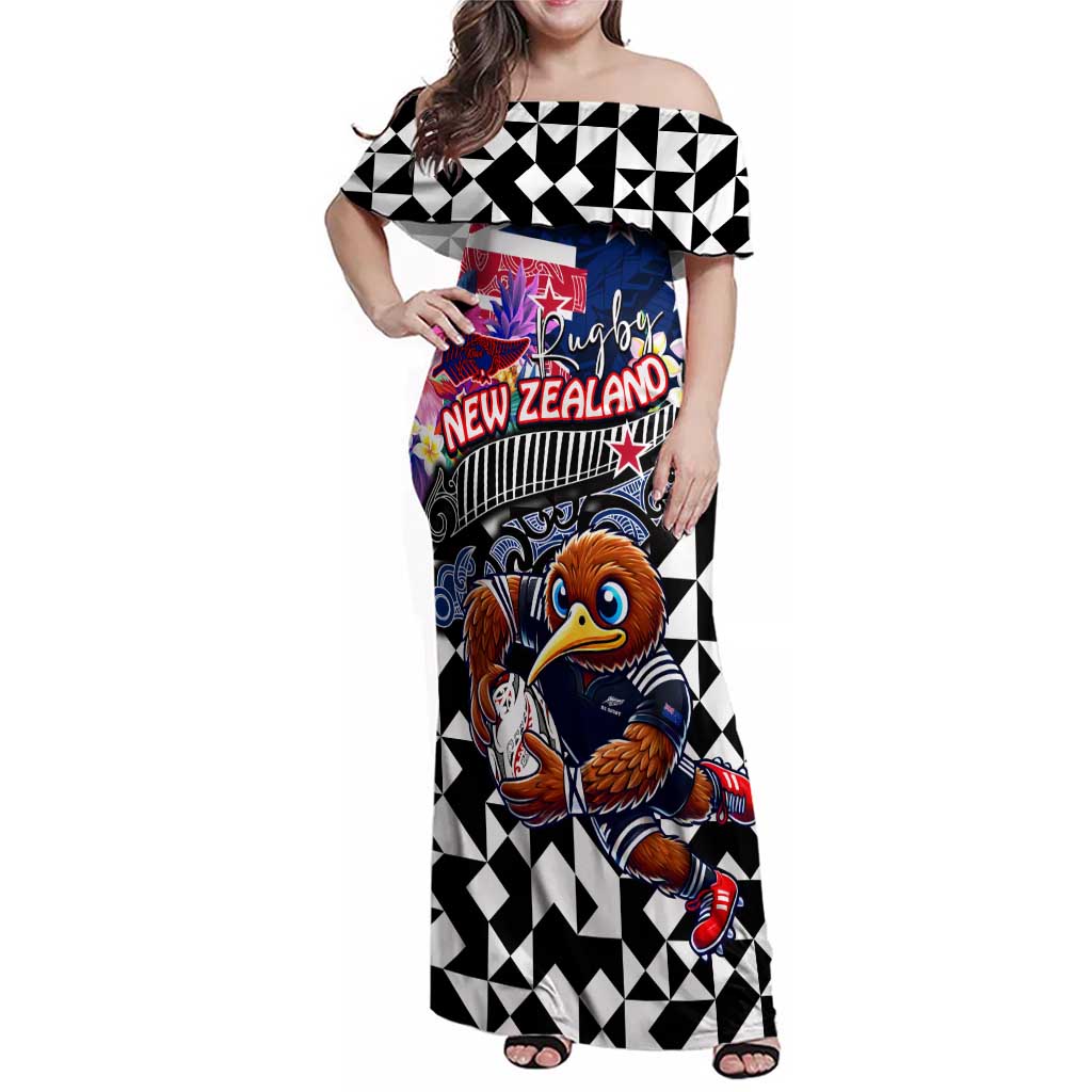Personalized Kiwi New Zealand Rugby Family Matching Off Shoulder Maxi Dress and Hawaiian Shirt Kiwis Mascot Tropical Pattern DT02 Mom's Dress Blue - Polynesian Pride