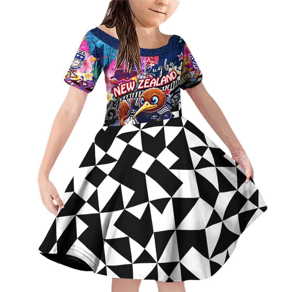Personalized Kiwi New Zealand Rugby Family Matching Off Shoulder Short Dress and Hawaiian Shirt Kiwis Mascot Tropical Pattern DT02 Daughter's Dress Blue - Polynesian Pride