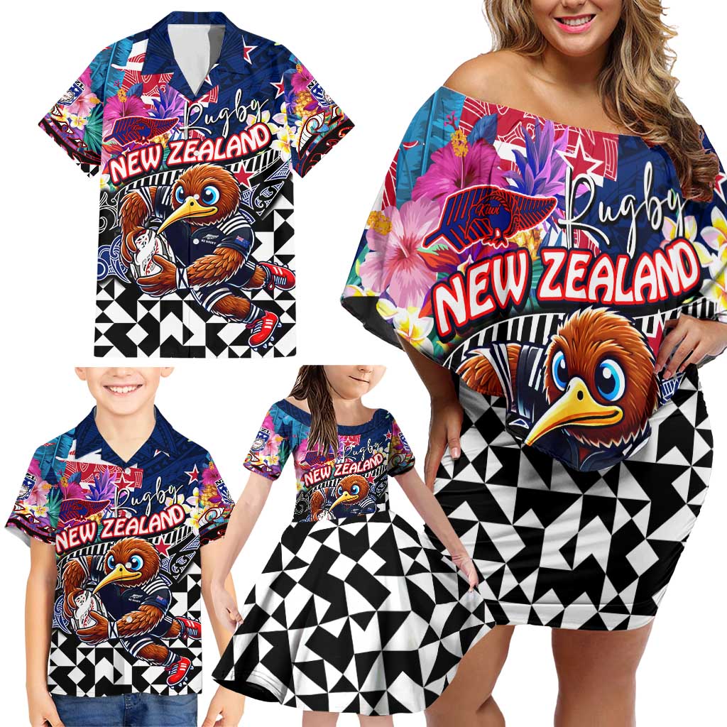 Personalized Kiwi New Zealand Rugby Family Matching Off Shoulder Short Dress and Hawaiian Shirt Kiwis Mascot Tropical Pattern DT02 - Polynesian Pride