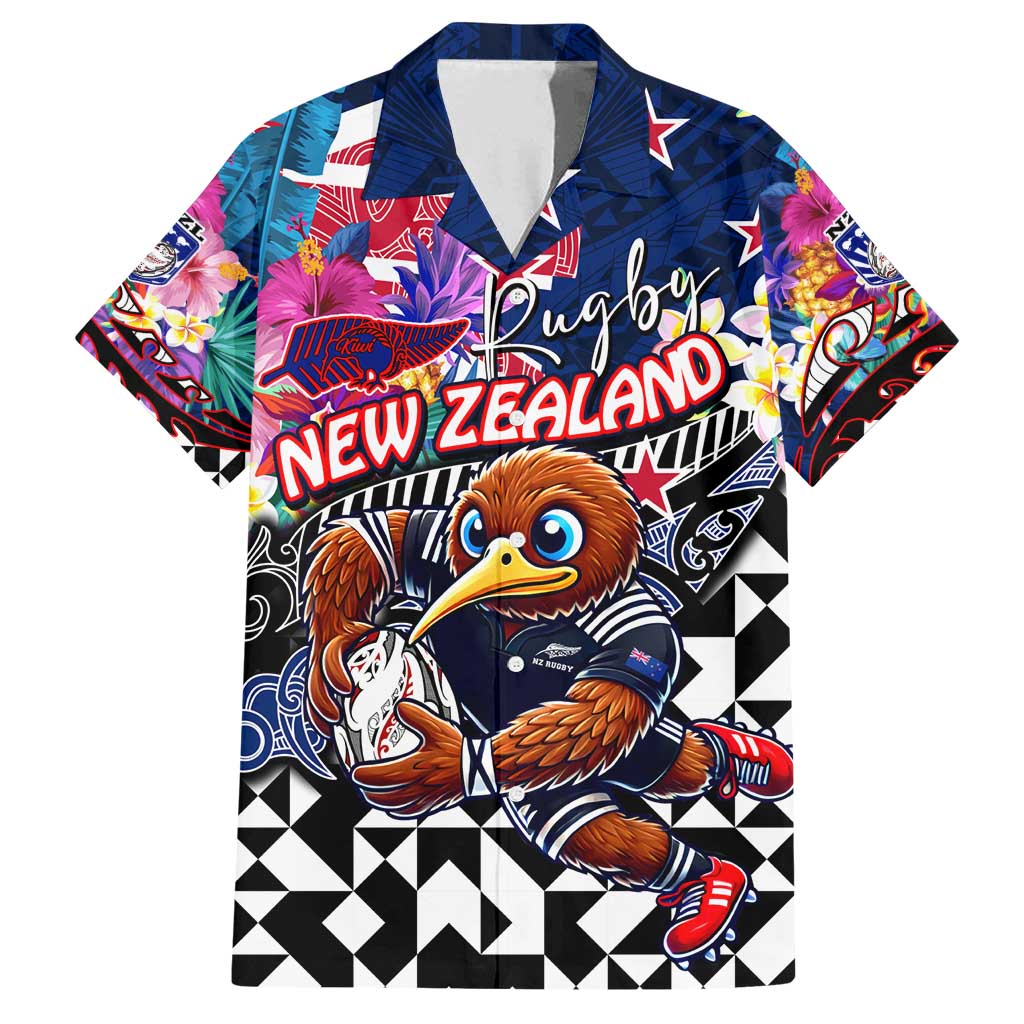 Personalized Kiwi New Zealand Rugby Family Matching Puletasi and Hawaiian Shirt Kiwis Mascot Tropical Pattern DT02 Dad's Shirt - Short Sleeve Blue - Polynesian Pride