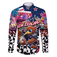 Personalized Kiwi New Zealand Rugby Family Matching Puletasi and Hawaiian Shirt Kiwis Mascot Tropical Pattern DT02 Dad's Shirt - Long Sleeve Blue - Polynesian Pride