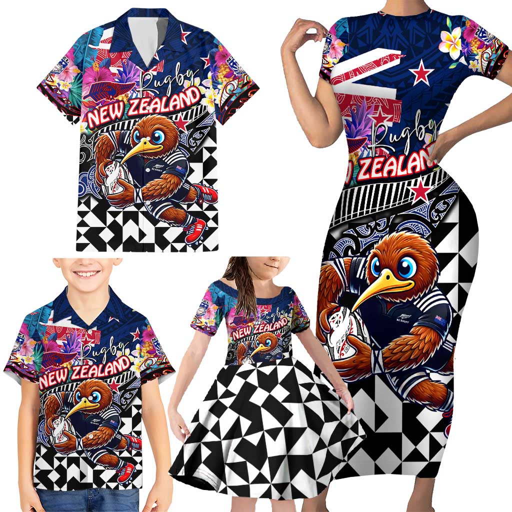 Personalized Kiwi New Zealand Rugby Family Matching Short Sleeve Bodycon Dress and Hawaiian Shirt Kiwis Mascot Tropical Pattern DT02 - Polynesian Pride