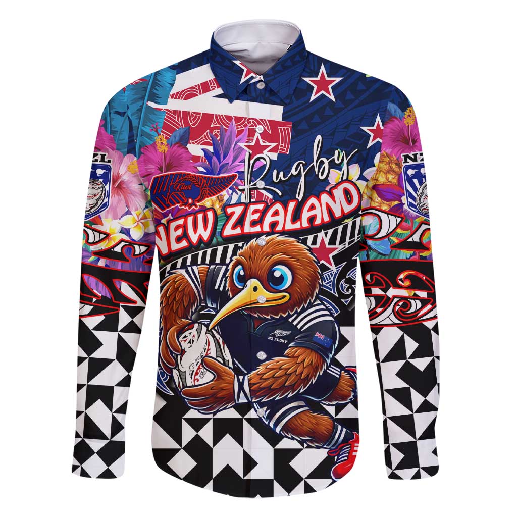 Personalized Kiwi New Zealand Rugby Family Matching Short Sleeve Bodycon Dress and Hawaiian Shirt Kiwis Mascot Tropical Pattern DT02 Dad's Shirt - Long Sleeve Blue - Polynesian Pride