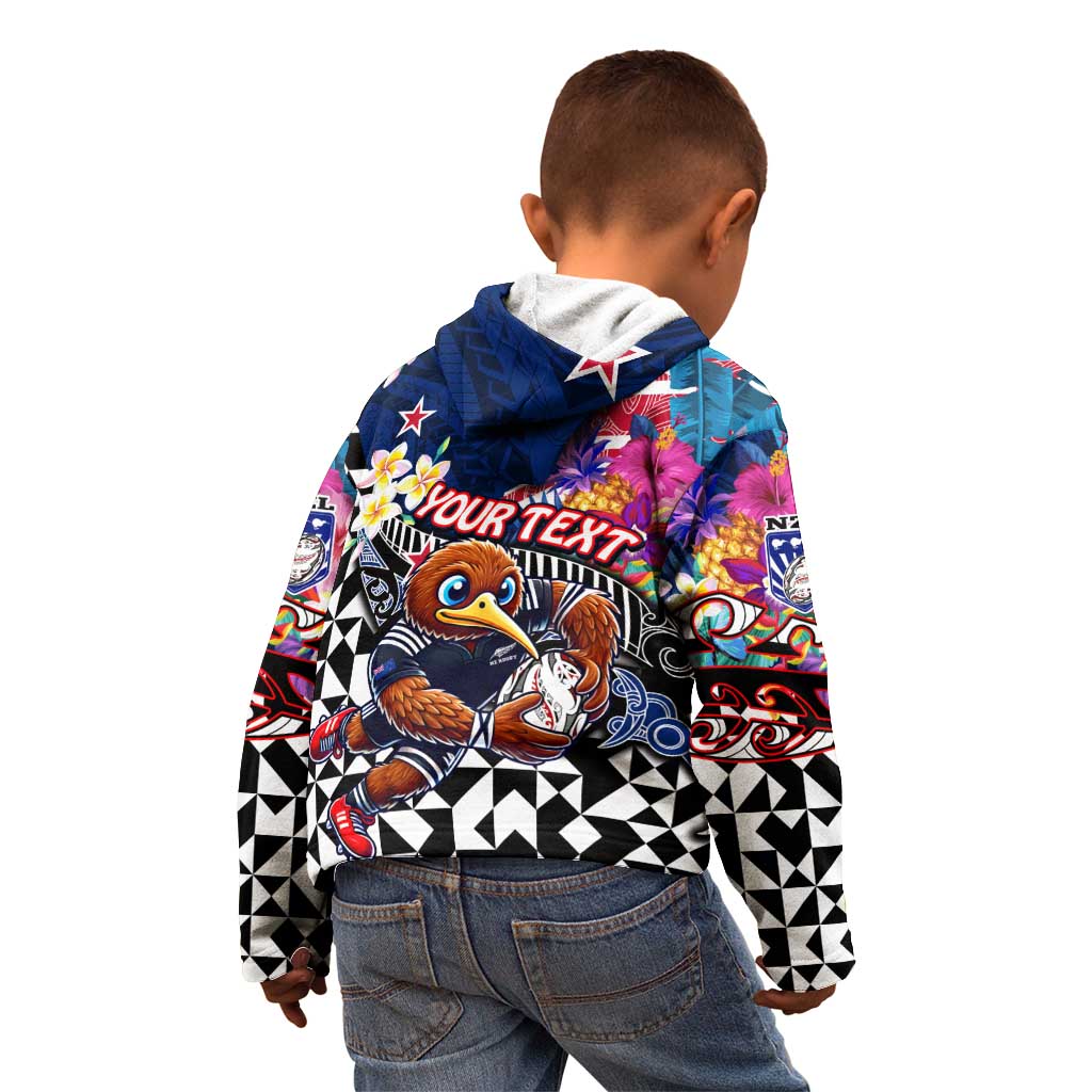 Personalized Kiwi New Zealand Rugby Kid Hoodie Kiwis Mascot Tropical Pattern