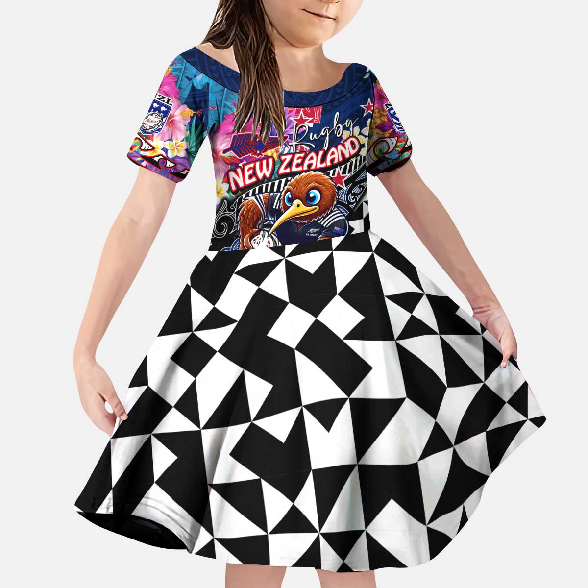 Personalized Kiwi New Zealand Rugby Kid Short Sleeve Dress Kiwis Mascot Tropical Pattern