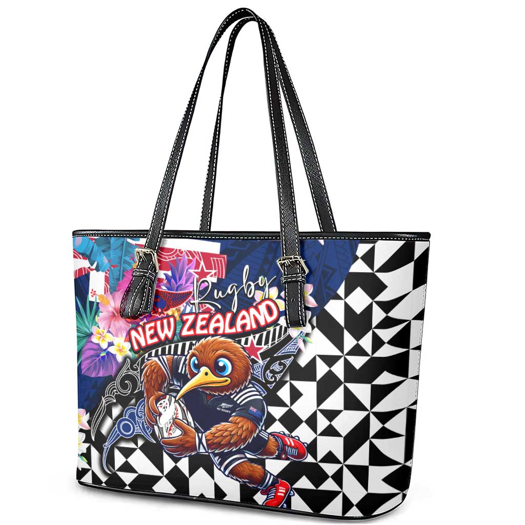 Kiwi New Zealand Rugby Leather Tote Bag Kiwis Mascot Tropical Pattern