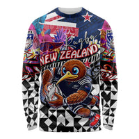 Personalized Kiwi New Zealand Rugby Long Sleeve Shirt Kiwis Mascot Tropical Pattern DT02 Unisex Blue - Polynesian Pride