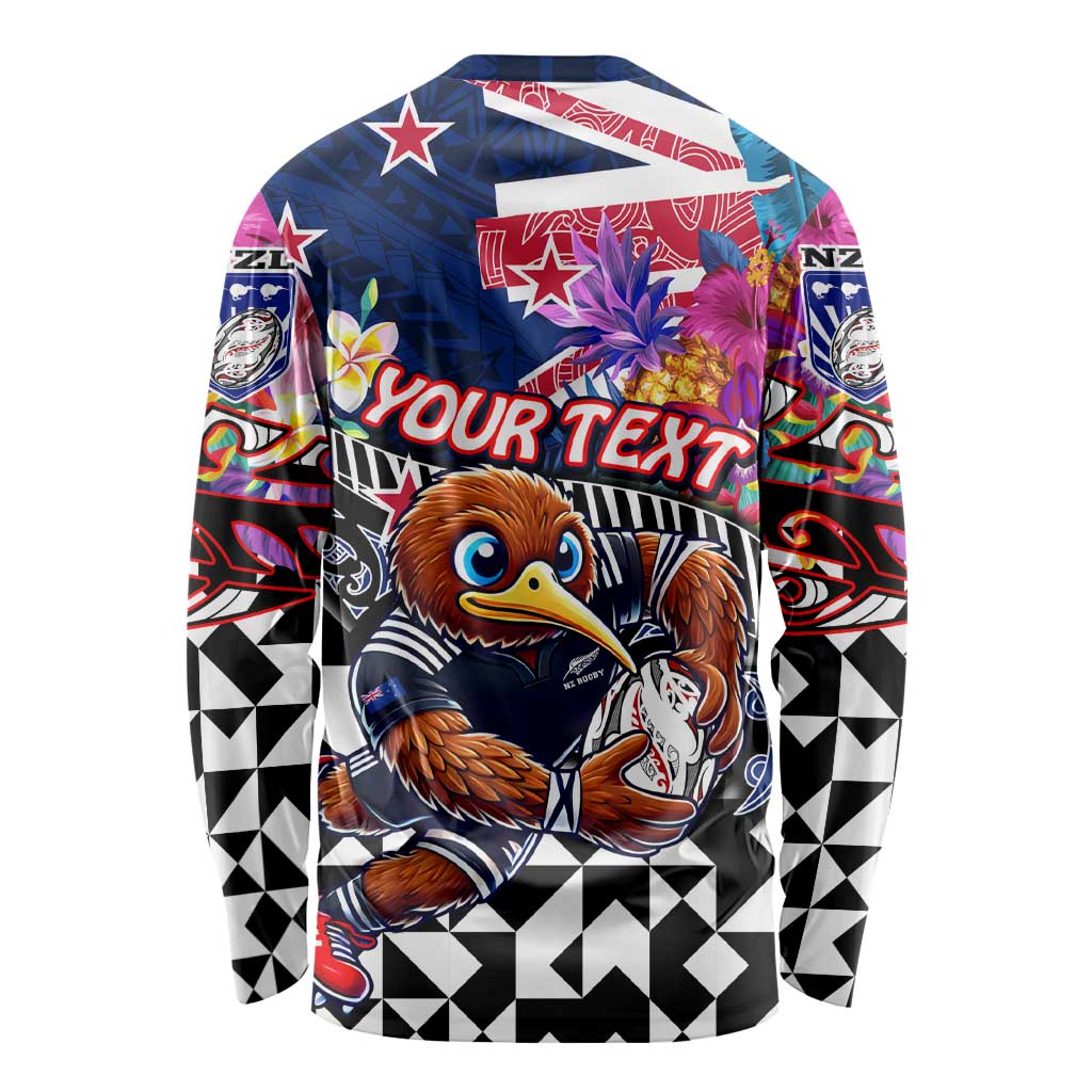 Personalized Kiwi New Zealand Rugby Long Sleeve Shirt Kiwis Mascot Tropical Pattern DT02 - Polynesian Pride