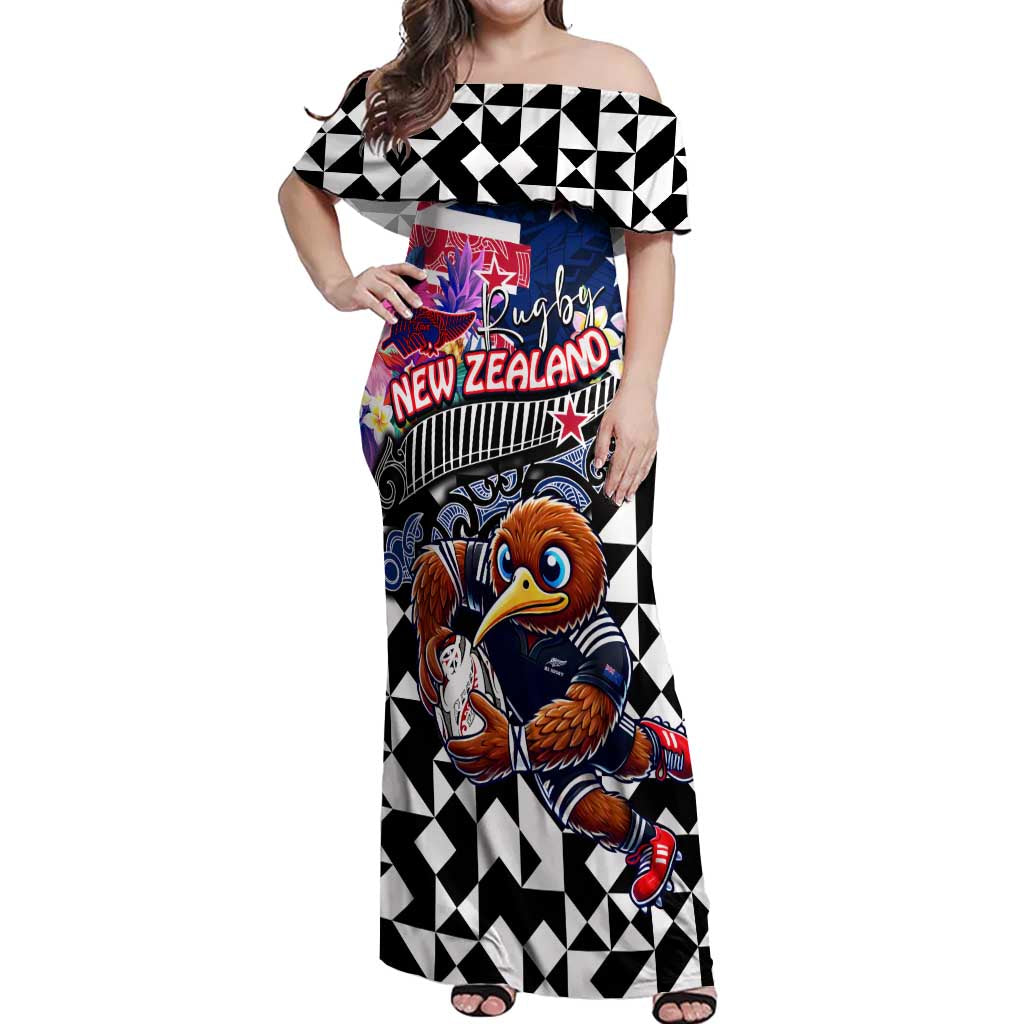 Personalized Kiwi New Zealand Rugby Off Shoulder Maxi Dress Kiwis Mascot Tropical Pattern