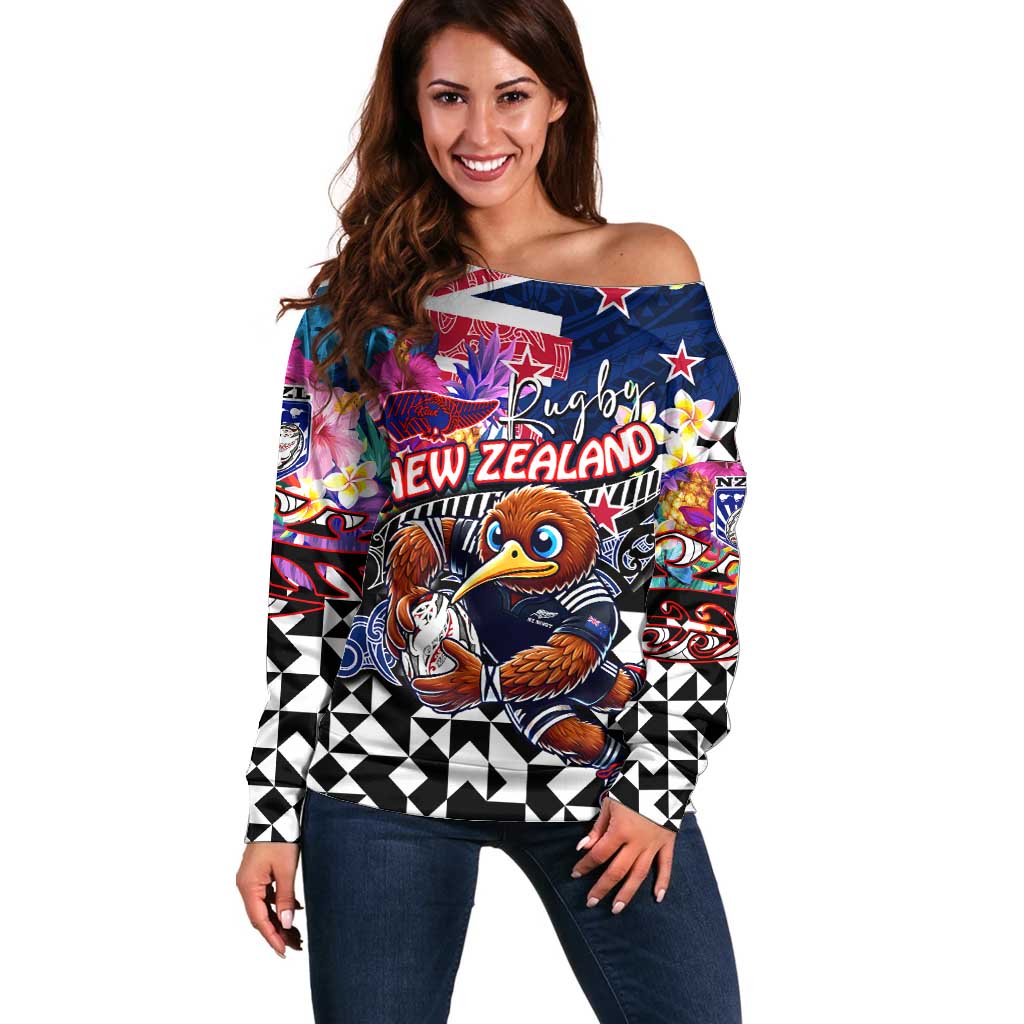 Personalized Kiwi New Zealand Rugby Off Shoulder Sweater Kiwis Mascot Tropical Pattern