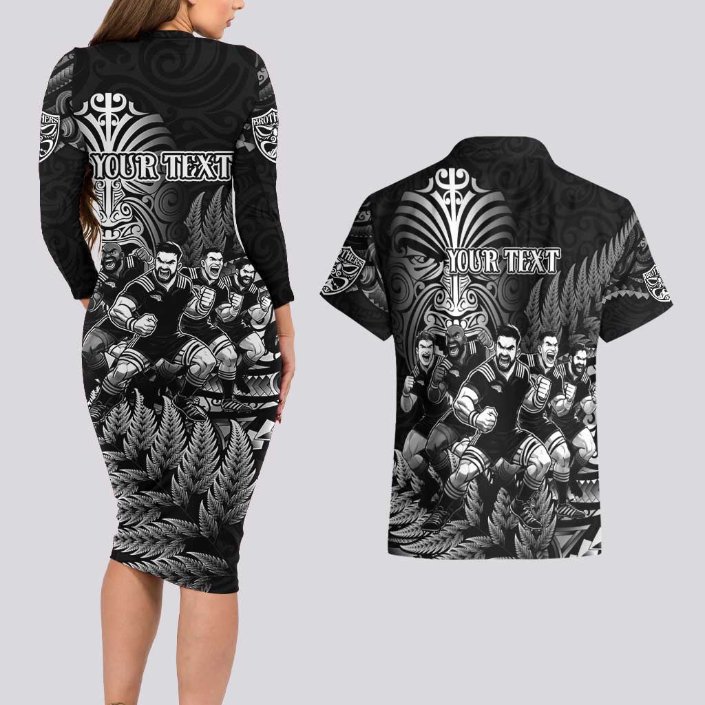 Personalized All Black Brothers Rugby Couples Matching Long Sleeve Bodycon Dress and Hawaiian Shirt New Zealand Maori Haka DT02 - Polynesian Pride