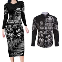 Personalized All Black Brothers Rugby Couples Matching Long Sleeve Bodycon Dress and Long Sleeve Button Shirt New Zealand Maori Haka DT02 Black - Polynesian Pride