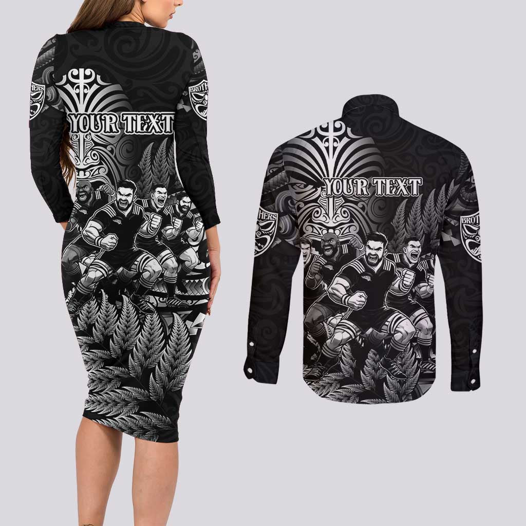 Personalized All Black Brothers Rugby Couples Matching Long Sleeve Bodycon Dress and Long Sleeve Button Shirt New Zealand Maori Haka DT02 - Polynesian Pride