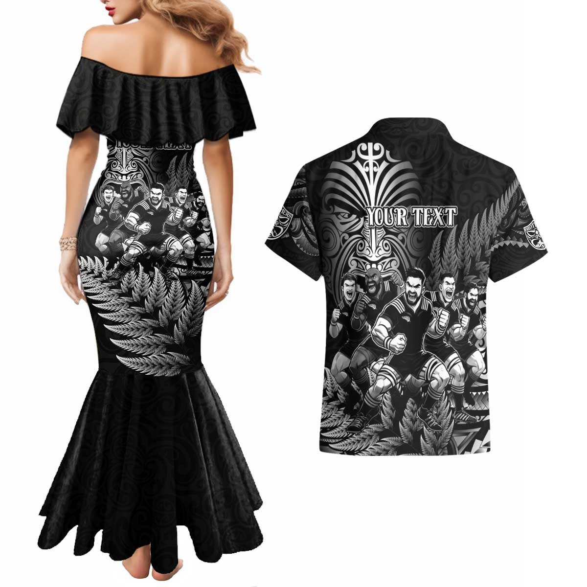 Personalized All Black Brothers Rugby Couples Matching Mermaid Dress and Hawaiian Shirt New Zealand Maori Haka DT02 - Polynesian Pride